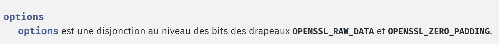 Le paramètre option de la méthode `openssl_encrypt`