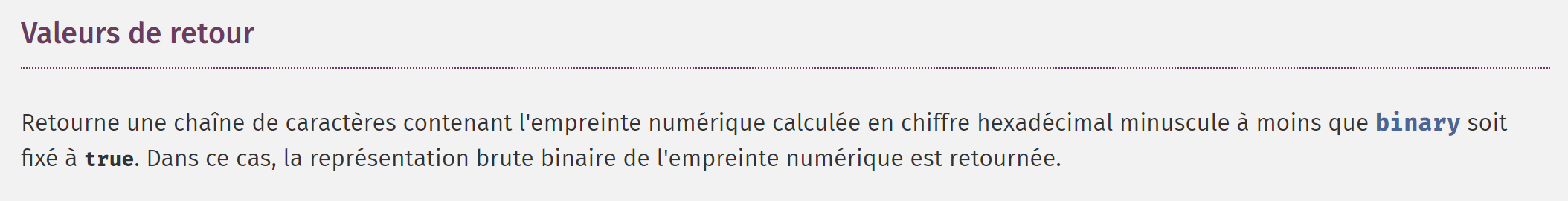 Valeurs de retour de la méthode `hash`